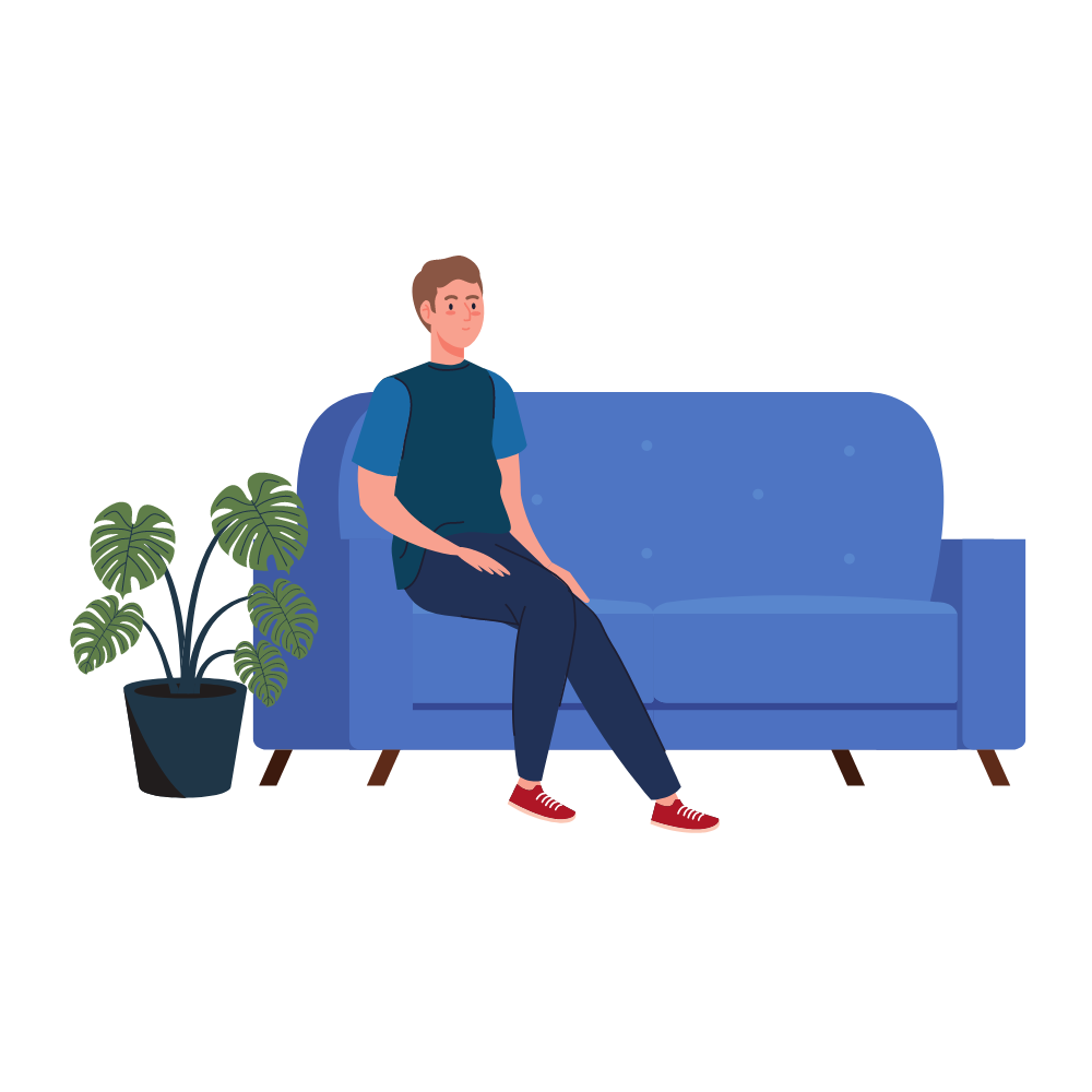 Person sitting on blue couch next to a plant, waiting